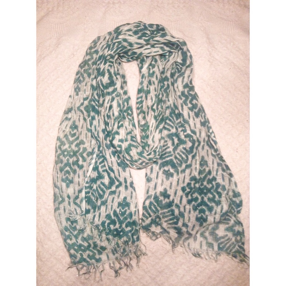 Silky White and Blue Patterned Scarf